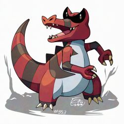  claws colored_skin crocodilian fangs krookodile mistray-art no_humans numbered open_mouth pokemon pokemon_(creature) red_skin sidelocks signature solo tail white_background 