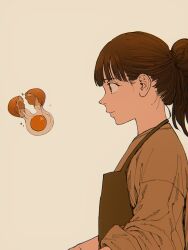  1girl absurdres apron blunt_bangs broken_egg brown_eyes brown_hair brown_shirt closed_mouth commentary_request egg egg_yolk floating from_side hair_bun higashiyama_shou highres kisaki_maria_(undark:_atarashii_toumei_na_chikara_no_subete) levitation long_hair long_sleeves looking_ahead shirt simple_background sleeves_rolled_up solo undark:_atarashii_toumei_na_chikara_no_subete upper_body 
