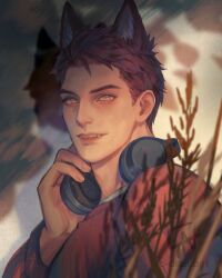  1boy aegyo_sal animal_ears artist_name cassandra_(avocasso) commentary crew_cut english_commentary fangs headphones headphones_around_neck highres lips long_sleeves looking_at_viewer love_and_deepspace male_focus nose parted_lips red_hair red_sweater shadow short_hair signature solo sweater valko_(love_and_deepspace) wolf_ears yellow_eyes 