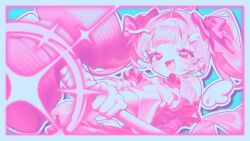  1girl :d absurdres ahoge bare_shoulders blush_stickers bow commentary_request detached_wings dress fang frilled_dress frills hair_bow hair_intakes hair_ornament halftone hammer heart heart-shaped_pupils highres holding holding_sledgehammer holding_weapon long_eyelashes long_hair looking_at_viewer magical_girl nullnull_nameko open_mouth outline pink_eyes pink_hair pink_theme single_blush_sticker skin_fang sledgehammer smile solo sparkle symbol-shaped_pupils twintails upper_body weapon white_outline wing_hair_ornament wings 