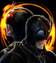 1105suwako 2boys absurdres antennae black_bodysuit black_eyes black_helmet bodysuit bug commentary_request grasshopper helmet highres kamen_rider kamen_rider_black kamen_rider_black_(series) kamen_rider_black_sun kamen_rider_black_sun_(series) multiple_boys red_eyes tokusatsu upper_body
