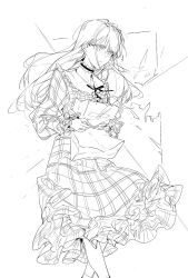  1girl bang_dream! bang_dream!_it's_mygo!!!!! choker commentary dkl_(dinosaurkl2) dress frilled_choker frills greyscale highres long_hair long_sleeves monochrome parted_lips plaid_clothes plaid_dress simple_background solo untranslatable_commentary wakaba_mutsumi white_background 