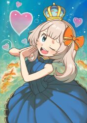 1girl absurdres blonde_hair blue_crown blue_dress blue_eyes bow breasts commentary crown dress english_commentary fish goldfish hair_bow heart highres looking_at_viewer marimari_(marimari_2.0)_(vtuber) marimari_(vtuber) mini_crown one_eye_closed open_mouth orange_bow phase_connect short_eyebrows side_ponytail sleeveless sleeveless_dress small_breasts smile solo sussynano virtual_youtuber 