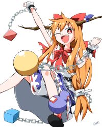  1girl belt black_belt black_shoes blue_ribbon bow bright_pupils brown_horns chain clenched_hand commentary_request cube cuffs dress fang flask floating foot_out_of_frame frilled_skirt frilled_wristband frills generalcanon gourd hair_between_eyes hair_bow hands_up highres horn_ornament horn_ribbon horns ibuki_suika knees light_blush long_hair looking_at_viewer low-tied_long_hair low-tied_sidelocks one_eye_closed orange_hair orb outstretched_arm pyramid_(geometry) red_bow red_eyes ribbon shackles shoes sidelocks signature simple_background skirt sleeveless sleeveless_dress solo teeth torn_clothes touhou upper_teeth_only very_long_hair white_background white_dress white_pupils 