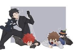  4boys asano_taiyo black_dog black_gloves black_hair black_jacket border brown_hair chinese_commentary closed_eyes commentary_request crossover dog full_body gloves goliath_(yozakura_family) grey_background hat highres jacket katekyo_hitman_reborn leon_(katekyo_hitman_reborn!) lizard long_sleeves lying male_focus multiple_boys necktie notice_lines on_stomach pants reborn red_hair restrained sawada_tsunayoshi senmekawa shirt short_hair sitting sitting_on_person suit_jacket sweater_vest thread white_border white_shirt yozakura-san_chi_no_daisakusen yozakura_kyouichirou 