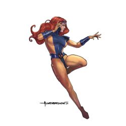  1girl almendriww blue_bodysuit bodysuit commentary english_commentary full_body highres jean_grey long_hair marvel multicolored_bodysuit red_hair signature simple_background solo superhero_costume two-tone_bodysuit white_background x-men yellow_bodysuit 