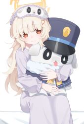  1girl absurdres aoba_(blue_archive) aoba_(kujibikido)_(blue_archive) blonde_hair blue_archive blue_hat brown_eyes commentary feet_out_of_frame fluffy_hair halo hat highres hugging_doll hugging_object long_hair long_sleeves mask_lift nightgown official_alternate_costume orange_halo pajamas peaked_cap purple_nightgown purple_pajamas rihitonn shuppo_(blue_archive) simple_background sitting sleep_mask solo stuffed_toy white_background 