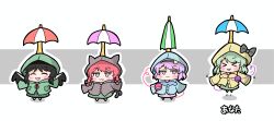  >_< 4girls :3 :d ^_^ absurdres black_bow black_hair black_wings blush bow braid brown_raincoat cat_tail chest_eye chibi chibi_only closed_eyes commentary_request disembodied_linked_eye fang green_hair green_raincoat green_skirt highres kaenbyou_rin komeiji_koishi komeiji_satori kuzukirara65432 multiple_girls multiple_tails outline pink_eyes pink_hair pink_skirt raincoat red_eyes red_hair reiuji_utsuho rhythm_tengoku skirt smile tail touhou translation_request twin_braids two_tails umbrella white_outline wings yellow_raincoat 