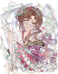  1girl absurdres aqua_shawl brown_eyes brown_hair butterfly_hair_ornament face_chain hair_ornament hand_up highres holding holding_string long_hair looking_to_the_side official_alternate_costume purple_hanfu reverse:1999 shawl solo string tooth_fairy_(reverse:1999) ttehomase upper_body white_background wide_sleeves 