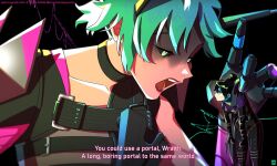  2girls alter_(apex_legends) animification apex_legends black_bodysuit black_choker black_gloves black_hair black_scarf black_sclera bodysuit character_name choker clenched_hand collarbone colored_sclera commentary copyright_name english_commentary english_text gloves green_eyes green_hair grey_shirt hair_bun joong_beak mechanical_arms mini_person minigirl multiple_girls open_mouth red_lips scarf shirt short_hair single_hair_bun single_mechanical_arm subtitled v-shp wraith_(apex_legends) 