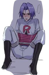  1boy angry bdsm black_gloves blue_hair blush bondage bound bound_arms chinese_commentary commentary_request crop_top gloves highres james_(pokemon) logo nanxi635 pokemon pokemon_(anime) pokemon_(classic_anime) shadow sitting team_rocket worried 