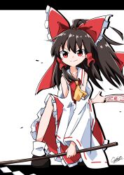  1girl ascot bow brown_hair collarbone commentary_request contrast_collar detached_sleeves floating_hair frilled_bow frilled_skirt frills full_body generalcanon hair_between_eyes hair_bow hakurei_reimu highres holding holding_stick letterboxed light_blush looking_at_viewer ofuda on_one_knee ponytail red_bow red_eyes red_shirt red_skirt shirt sidelocks signature simple_background skirt sleeveless smirk solo stick touhou v-shaped_eyebrows white_background wide_sleeves yellow_ascot 