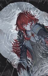  1boy black_coat black_vest coat collared_shirt commentary crossed_bangs diluc_(genshin_impact) dutch_angle gem genshin_impact grey_shirt hand_on_own_face highres long_hair long_sleeves looking_at_viewer maiyihan_0613 male_focus parted_lips puddle rain red_gem red_hair reflection reflective_liquid ripples shirt sleeve_cuffs solo very_long_hair vest water wide-eyed wing_collar 