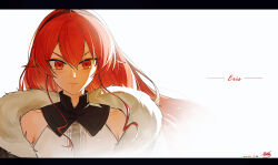  1girl absurdres black_border black_hairband border character_name collarbone commentary dated eris_greyrat frown fur-trimmed_jacket fur_trim hair_between_eyes hair_horns hairband highres jacket letterboxed looking_at_viewer mushoku_tensei red_eyes red_hair shirt signature simple_background sleeveless sleeveless_shirt solo straight-on upper_body white_background white_shirt yisjhui 