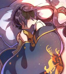  1girl artist_name assault_lily bed_sheet black_necktie black_ribbon blue_cloak cloak closed_eyes closed_mouth commentary hair_ribbon hands_up head_on_pillow highres hishida_haru holding holding_ribbon long_hair lying nabezoko_no_okoge necktie odaiba_girls_high_school_uniform on_side pillow profile purple_hair raysse ribbon school_uniform shirt sleeping sleeveless sleeveless_shirt solo translation_request twintails untranslatable_commentary white_shirt yellow_ribbon 