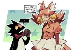  1boy 1girl ahoge animal_costume animal_ears bell bell_ear_ornament bow bowtie cat_costume cat_ears cat_girl cat_mike_(deltarune) commentary constricted_pupils deltarune dress english_commentary english_text glubbybubby gold_bell gradient_background green_background hair_bell hair_ornament hand_up heart heart_locket heart_necklace heart_pendant heterochromia highres jewelry locket mad_mew_mew magical_girl necklace pendant pink_dress pink_eyes pink_frills pink_hair shadowguy_(deltarune) sidelocks speech_bubble spoken_expression star_(symbol) sweatdrop tutu twintails twitching utdr_(toby_fox) yellow_eyes 