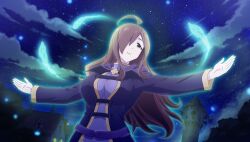  1girl ahoge breasts brown_eyes brown_hair casting_spell closed_mouth clouds dress gambeson game_asset hair_over_one_eye high_collar highres hood hood_down hooded_robe house kono_subarashii_sekai_ni_shukufuku_wo! kono_subarashii_sekai_ni_shukufuku_wo!_kono_yokubukai_game_ni_shinpan_o! large_breasts long_dress long_hair long_sleeves looking_up magic night non-web_source official_art open_hands outstretched_arms purple_dress purple_robe robe self-datamine sky smile solo standing star_(sky) starry_sky upper_body wavy_hair wiz_(konosuba) 