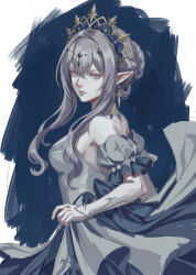  1girl absurdres anastasya_feodorovna_snezhnaya blue_background blue_dress blue_eyes blue_gem border braid braided_bun breasts bridal_gauntlets circlet clothes_lift commentary_request cowboy_shot detached_collar detached_sleeves dress dress_lift earrings from_side gem genshin_impact grey_dress grey_hair grey_sleeves hair_between_eyes hair_bun half-closed_eyes highres jewelry kokoshnik lifting_own_clothes lips long_dress looking_at_viewer medium_breasts outside_border pointy_ears puffy_detached_sleeves puffy_short_sleeves puffy_sleeves short_hair_with_long_locks short_sleeves sidelocks simple_background sleeveless sleeveless_dress solo standing two-tone_dress user_ardu5834 wavy_hair white_border white_bridal_gauntlets 