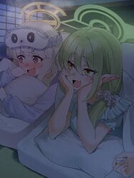  2girls :d @_@ aoba_(blue_archive) aoba_(kujibikido)_(blue_archive) blonde_hair blue_archive blue_pajamas blush commentary_request embarrassed fang frills full-face_blush futon glowing glowing_halo green_hair green_halo hair_between_eyes hair_down hair_ornament hair_over_shoulder hair_scrunchie halo hands_on_own_cheeks hands_on_own_face head_rest head_steam highres holding holding_pillow hugging_object indoors kashio_(92984798) long_hair long_sleeves looking_at_another low_side_ponytail lying mask mask_on_head multiple_girls night nightgown nose_blush nozomi_(blue_archive) nozomi_(kujibikido)_(blue_archive) on_stomach open_mouth pajamas pillow pillow_hug pointy_ears rectangular_mouth red_eyes scrunchie short_sleeves shouji side_ponytail skin_fang sleep_mask sliding_doors smile tatami yellow_eyes yellow_halo 