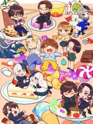  4girls 6+boys =_= amane_sachika animification ankle_boots black_boots black_hair black_jacket black_pants black_skirt blonde_hair blue_dress blue_eyes blue_jacket blue_shirt blush bocca_jaldak boots braid brown_eyes brown_hair brown_vest cake candy cherry chibi chips_(food) chocolate chocolate_bar chocolate_chip_cookie closed_eyes closed_mouth coat collared_shirt commentary_request cookie crossdressing crossdressing_(mtf) crying crying_with_eyes_open dark_shouma_(kamen_rider) dente_stomach dessert dress drooling empty_eyes everyone food food_on_face frappuccino fruit glasses gradient_hair green_jacket grey_hair grotta gummy_candy gummy_cola hand_on_own_hip high_heel_boots high_heels highres hood hood_up hooded_jacket ice_cream ice_cream_cone inoue_shouma jacket jagarico jiip_stomach kamen_rider kamen_rider_gavv_(series) karakida_hanto kiwi_(fruit) kiwi_slice lakia_amarga lango_stomach liselle_jaldak lollipop long_hair long_sleeves low_twintails marshmallow monster_boy mouth_drool multicolored_hair multiple_boys multiple_girls nyelv_stomach on_food open_clothes open_jacket open_mouth orange_pants pants parted_bangs pink_hair plate pleated_skirt potato_chips potato_stick pudding purple_shirt rectangular_eyewear red_streaks roots_(hair) round_eyewear shina09haniwa shirt short_hair siita_stomach sitting_on_food skirt smile socks split-color_hair strawberry streaked_hair suga_kenzo swirl_lollipop tearing_up tears trap twin_braids twintails two-tone_hair u_u vest white_coat white_hair white_shirt white_socks wing_collar zipper_pull_tab 