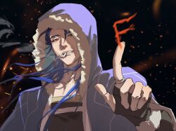  1boy black_background blue_hair cigarette cloak cu_chulainn_(caster)_(fate) cu_chulainn_(fate) earrings fate/grand_order fate_(series) fingerless_gloves fur-trimmed_cloak fur_trim gloves highres hood hood_up hooded_cloak jewelry long_hair male_focus mouth_hold open_mouth red_eyes runes shirt smile smoking solo strepto_k2012 