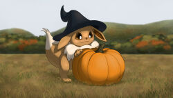  alt_text animal_focus black_hat breadstickslug closed_mouth clothed_pokemon commentary eevee english_commentary field grass hat highres mountainous_horizon no_humans outdoors pokemon pokemon_(creature) pokemon_focus pumpkin rearing sky smile solo tree witch_hat 