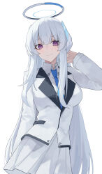  1girl absurdres adjusting_hair blazer blue_archive blue_necktie center-flap_bangs chinese_commentary collared_shirt commentary dress_shirt halo headgear highres jacket lapels long_hair looking_at_viewer mechanical_halo necktie noa_(blue_archive) notched_lapels pleated_skirt shirt simple_background skirt smile solo straight_hair upper_body very_long_hair violet_eyes white_background white_hair white_jacket white_shirt white_skirt xuegao_ice 