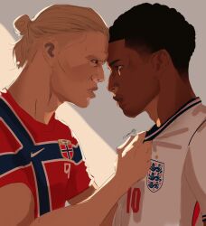  2026_fifa_world_cup 2boys basic0lly dark-skinned_male dark_skin erling_haaland hair_bun highres jude_bellingham male_focus multiple_boys real_life world_cup 