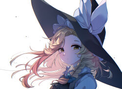  1girl black_hat black_vest blonde_hair bow braid closed_mouth collared_shirt commentary_request green_bow hair_bow hat hat_bow kirisame_marisa long_hair looking_at_viewer shirt side_braid simple_background single_braid solo tami_(joemanyodw) touhou upper_body vest white_background white_bow white_shirt witch_hat yellow_eyes 