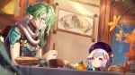  1boy 1girl absurdres animal_around_neck baizhu_(genshin_impact) bead_necklace beads changsheng_(genshin_impact) coin_hair_ornament eyewear_strap genshin_impact green_hair hair_ornament hat highres horsetail_(plant) jewelry jiangshi kino_(m6t2a) long_hair looking_at_another looking_at_viewer looking_down lotus_root mist_flower necklace official_art ofuda_on_head pink_eyes purple_hair purple_headwear qing_guanmao qingxin_flower qiqi_(genshin_impact) smile snake talisman violetgrass vision_(genshin_impact) white_snake yellow_eyes 