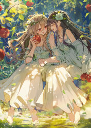  2girls akatsuki_mikoto aoi_rei apple barefoot black_hair blush brown_hair commentary_request day dress flower food fruit grass hair_flower hair_ornament highres holding holding_food holding_fruit holding_hands interlocked_fingers kudo_eru long_hair mikoto_to_rei multiple_girls open_mouth outdoors pond red_eyes smile snake toes white_dress white_flower yuri 