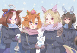  4girls @_@ admire_vega_(umamusume) ahoge animal_ears blonde_hair blue_coat blue_scarf blush breasts brown_hair closed_mouth coat commentary_request crown double-parted_bangs ear_covers ear_ribbon hair_between_eyes hairband holding_snowman horse_ears horse_girl horse_tail large_breasts long_hair long_sleeves medium_hair meisho_doto_(umamusume) mokuroo multicolored_hair multiple_girls narita_top_road_(umamusume) open_mouth orange_hair pink_crown pink_hairband pink_scarf ponytail purple_skirt scarf school_uniform short_hair skirt smile snow snowball snowing t.m._opera_o_(umamusume) tail tracen_school_uniform tracen_winter_coat two-tone_hair umamusume umamusume:_road_to_the_top violet_eyes white_hair winter_clothes winter_coat 