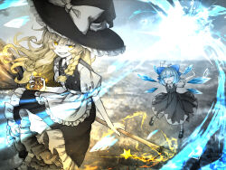  2girls ahoge apron blonde_hair blue_eyes blue_hair bow broom broom_riding cirno commentary_request danmaku dress facing_viewer fairy fang hat highres ice ice_wings kirisame_marisa looking_at_another mini-hakkero multiple_girls open_mouth sasasa_(nashi) shoes short_sleeves smile spot_color star_(symbol) touhou wings witch_hat yellow_eyes 