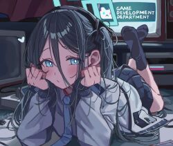  1girl aris_(blue_archive) black_hair black_skirt black_socks blue_archive blue_eyes blue_halo blue_necktie blush bright_pupils closed_mouth crossed_ankles crt feet_up full_body hair_between_eyes halo hands_on_own_face head_on_hands head_rest heart highres indoors jacket long_hair long_hair_between_eyes long_sleeves looking_at_viewer loosely_tucked_bangs lying masute necktie no_shoes on_stomach one_side_up open_clothes open_jacket pleated_skirt rectangular_halo ringed_eyes school_uniform shirt sketch skirt socks solo the_pose white_jacket white_pupils white_shirt 