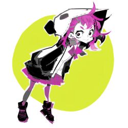  1girl :> ahoge animal_hood black_eyes black_jacket black_shoes closed_mouth commentary_request deformed full_body hands_in_pockets hood hood_up hooded_jacket jacket leaning_forward limited_palette long_sleeves looking_at_viewer medium_hair miniskirt nijisanji oshaka_(haguki) outline panda_hood pantyhose pink_hair pink_pupils pink_skirt plaid_clothes plaid_skirt purple_pantyhose sasaki_saku sasaki_saku_(1st_costume) shoes simple_background skirt smile solo virtual_youtuber white_background white_jacket white_outline yellow_background 