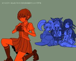  4girls apron arm_warmers bandaged_arm bandaged_leg bandages bandaid bandaid_on_leg bow clenched_hands closed_eyes closed_mouth collared_shirt commentary_request danganronpa_(series) danganronpa_2:_goodbye_despair dress eyelashes freckles green_background hair_bow hair_horns japanese_clothes kimono kneehighs kneeling koizumi_mahiru limited_palette long_hair long_sleeves mioda_ibuki multicolored_hair multiple_girls neckerchief necktie on_one_knee open_mouth pinafore_dress saionji_hiyoko sandals scrunchie shinshishinc shirt shoelaces shoes short_hair short_sleeves simple_background single_arm_warmer sitting skirt sleeveless sleeveless_dress smile socks split_mouth striped_arm_warmers translation_request tsumiki_mikan twintails very_short_hair wrist_scrunchie 