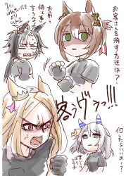  4girls air_shakur_(umamusume) animal_ears black_gloves black_hair black_shirt blonde_hair brown_hair clover_hair_ornament commentary_request ear_chain ear_covers eyebrow_piercing face_piercing fine_motion_(umamusume) gloves green_eyes grey_hair hair_between_eyes hair_ornament highres hishi_miracle_(umamusume) horse_ears horse_girl linked_piercing long_hair medium_hair multicolored_hair multiple_girls narita_top_road_(umamusume) neru_ika open_mouth overcooked pakatube piercing shirt short_hair short_sleeves single_ear_cover sweat teeth umamusume veins violet_eyes white_hair 