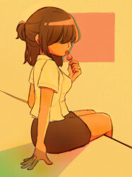  1girl breasts brown_hair candy deltarune food genderswap genderswap_(otf) holding holding_candy holding_food holding_lollipop kris_(deltarune) lanbung_0809 lollipop looking_at_viewer miniskirt multicolored_squares_background pencil_skirt ponytail shaded_face shirt short_hair short_sleeves simple_background sitting skirt skirt_suit solo suit tongue tongue_out utdr_(toby_fox) 