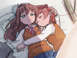  2girls arm_around_another's_waist arm_around_shoulder blue_skirt bow brown_hair closed_eyes commentary_request doki_doki_literature_club doki_doki_literature_club_school_uniform green_eyes hair_bow hair_intakes long_hair long_sleeves looking_at_viewer monika_(doki_doki_literature_club) multiple_girls on_bed orange_sweater_vest pleated_skirt red_bow red_ribbon ribbon sayori_(doki_doki_literature_club) school_uniform shirt short_hair skirt sweater_vest tsubobot white_bow white_shirt yuri 