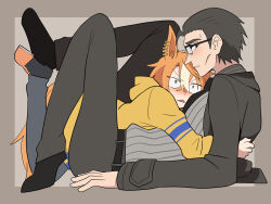  1boy 1girl animal_ears black_eyes black_hair black_necktie black_shoes blush box closed_mouth commentary_request constricted_pupils dicta_striker_(umamusume) earrings full_body grey_jacket grey_pants grey_shirt highres ho_1000_ka horse_ears horse_girl horse_tail in_box in_container jacket jewelry kouchi_tadashi long_sleeves looking_at_another multiple_earrings necktie open_mouth orange_eyes orange_hair pants shirt shoes short_hair striped_clothes striped_shirt stuck_in_a_box tail umamusume umamusume:_cinderella_gray v-shaped_eyebrows yellow_jacket 