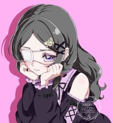  1girl absurdres black_ribbon blush commentary_request dress ear_piercing expressionless eyelashes hair_ornament hairclip highres jirai_kei kimi_to_idol_precure long_hair looking_at_viewer meroron_(precure) piercing pink_background precure ribbon siki_9192 simple_background solo tanaka_meron violet_eyes watermark 