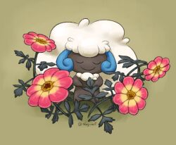 alternate_color breadstickslug closed_eyes closed_mouth commentary dahlia english_commentary flower full_body green_background pink_flower pokemon pokemon_(creature) pokemon_focus shiny_pokemon simple_background smile solo twitter_username u_u whimsicott 