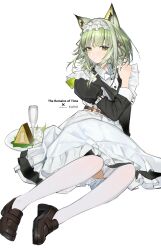  1girl absurdres akiyama-mon animal_ear_fluff animal_ears apron arknights arm_support black_dress black_shoes bow bowtie breasts cat_ears cat_girl chinese_commentary commentary_request cup dress drinking_glass frilled_apron frills full_body green_eyes green_hair hand_on_own_shoulder highres kal'tsit_(arknights) kal'tsit_(the_remains_of_time)_(arknights) loafers looking_at_viewer maid maid_apron maid_headdress medium_breasts medium_hair official_alternate_costume plate rhodes_island_logo_(arknights) shirt shoes simple_background sitting sleeve_cuffs solo thigh-highs white_apron white_background white_bow white_bowtie white_shirt white_thighhighs wine_glass yokozuwari 