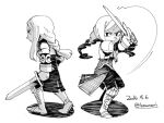  1girl agrias_oaks armor braid braided_ponytail closed_mouth dated final_fantasy final_fantasy_tactics full_body gloves greyscale hounori knight long_hair looking_at_viewer monochrome shoulder_armor simple_background single_braid solo sword twitter_username weapon white_background 