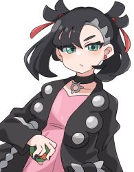  1girl asymmetrical_bangs black_collar black_hair black_jacket black_nails closed_mouth collar collarbone commentary_request dress dusk_ball earrings eyelashes green_eyes hair_ribbon highres holding holding_poke_ball jacket jewelry long_sleeves marnie_(pokemon) medium_hair nail_polish open_clothes open_jacket pink_dress poke_ball pokemon pokemon_sword_and_shield red_ribbon ribbon ryokukoucha simple_background solo two_side_up white_background 