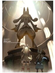  1girl 1other absurdres bicycle_helmet bike_shorts black_fur blonde_hair blue_fur bo_(bouillustration) body_fur commentary_request fingerless_gloves furry gloves hair_through_headwear helmet highres korrina korrina_(pokemon) long_hair lucario mega_lucario mega_pokemon multicolored_fur pokemon pokemon_(creature) pokemon_x_and_y ponytail sleeveless spikes statue white_helmet yellow_fur 