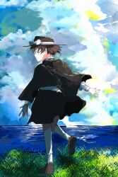  1girl absurdres black_capelet black_hat black_skirt bow brown_hair brown_shoes capelet closed_eyes clouds cloudy_sky collared_shirt commentary_request corrupted_twitter_file day foot_up_heel_up from_behind full_body grass hat hat_bow highres long_sleeves ocean reverse_1111 shirt shirt_tucked_in shoes skirt sky smile socks solo standing standing_on_one_leg touhou usami_renko water white_shirt white_socks 