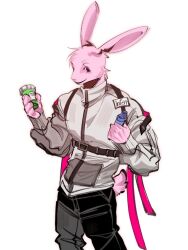  1boy animal_hospital_(roblox) body_fur commentary_request cowboy_shot furry furry_male grey_jacket intern_(animal_hospital) jacket korean_commentary looking_at_viewer male_focus medicine medicine_bottle pasta_nom pink_fur rabbit_boy roblox simple_background solo standing tail white_background 