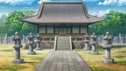  absurdres architecture artist_request blue_sky box clouds day donation_box east_asian_architecture flower game_asset graveyard highres moss myouren_temple no_humans outdoors pink_flower purple_flower scenery sky sotoba stairs temple third-party_source tombstone touhou touhou_spell_carnival tree yellow_flower 