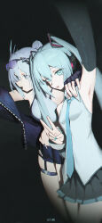  2girls aqua_eyes aqua_hair aqua_nails aqua_necktie armpits bare_shoulders black_background black_gloves black_shorts black_skirt blue_jacket commentary crop_top english_commentary eyewear_on_head fingerless_gloves fingernails gloves hair_between_eyes hand_on_another's_shoulder hatsune_miku highres honkai:_star_rail honkai_(series) jacket lingear long_hair looking_at_viewer looking_to_the_side multiple_girls nail_polish navel necktie open_clothes open_jacket selfie shirt short_shorts shorts silver_wolf_(galaxy_store)_(honkai:_star_rail) silver_wolf_(honkai:_star_rail) simple_background skirt sleeveless sleeveless_shirt twintails v vocaloid white_shirt 